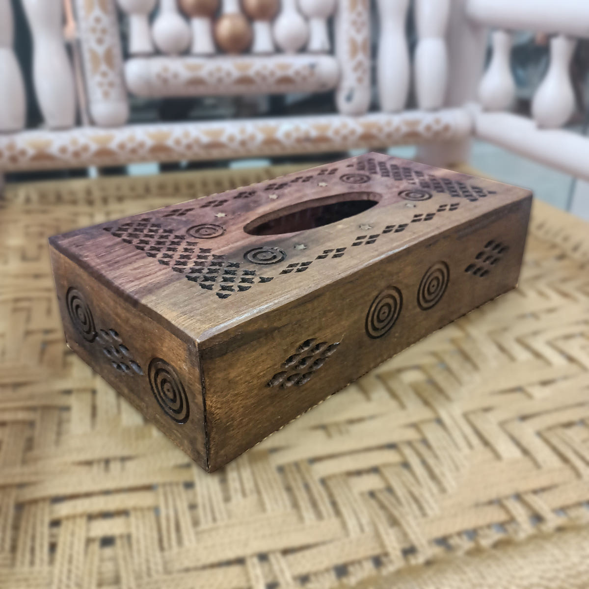 Tissue Box with Jali Brass Work, Sheesham Wood, front view