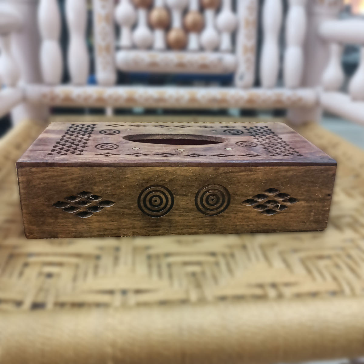 Tissue Box with Jali Brass Work, Sheesham Wood, detail shot
