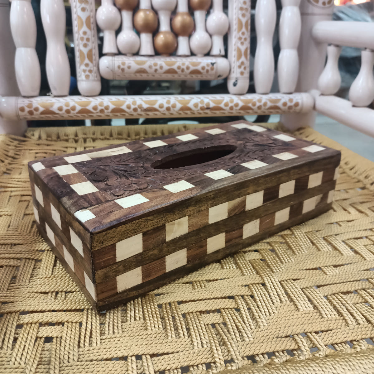 Tissue Box with Tukri Design, Sheesham Wood, front view