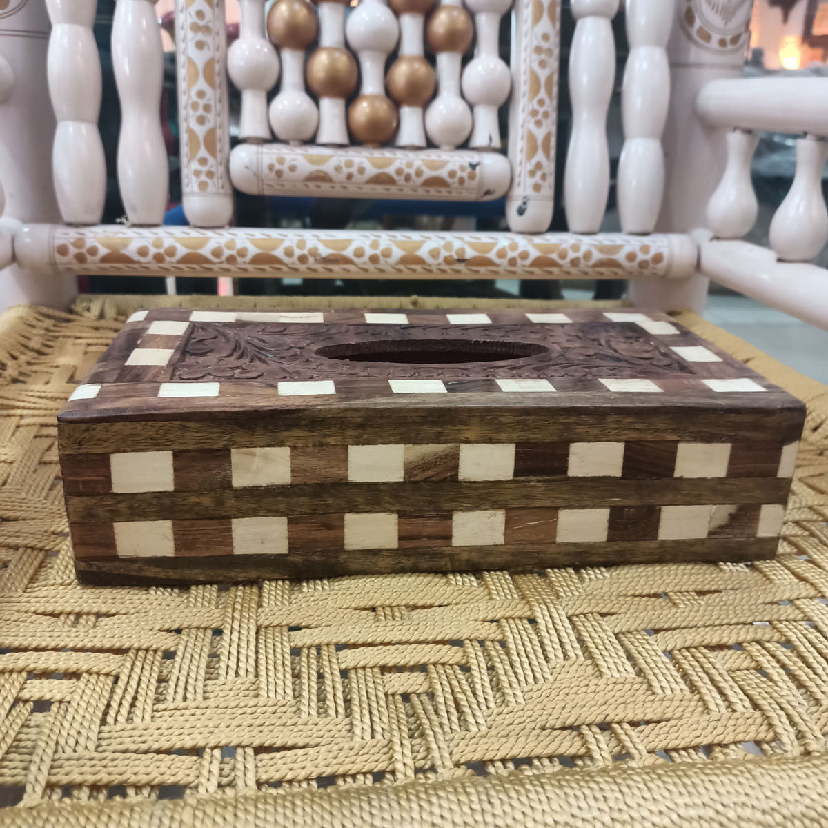 Tissue Box with Tukri Design, Sheesham Wood, side view