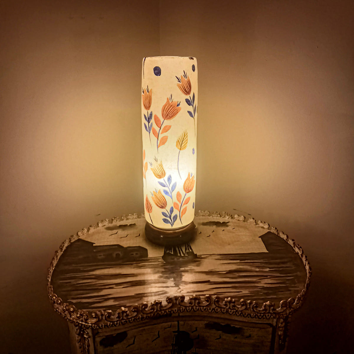 Glass Shape Camel Skin Table Lamp, Naqashi Design, lit view