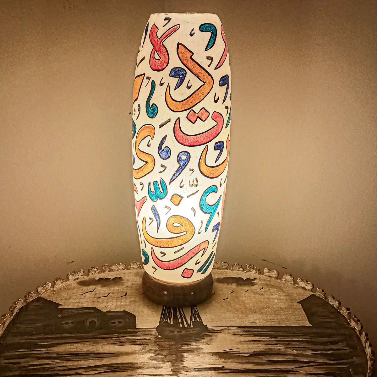 Calligraphic Art Bottle Shape Table Lamp, Camel Skin, side view