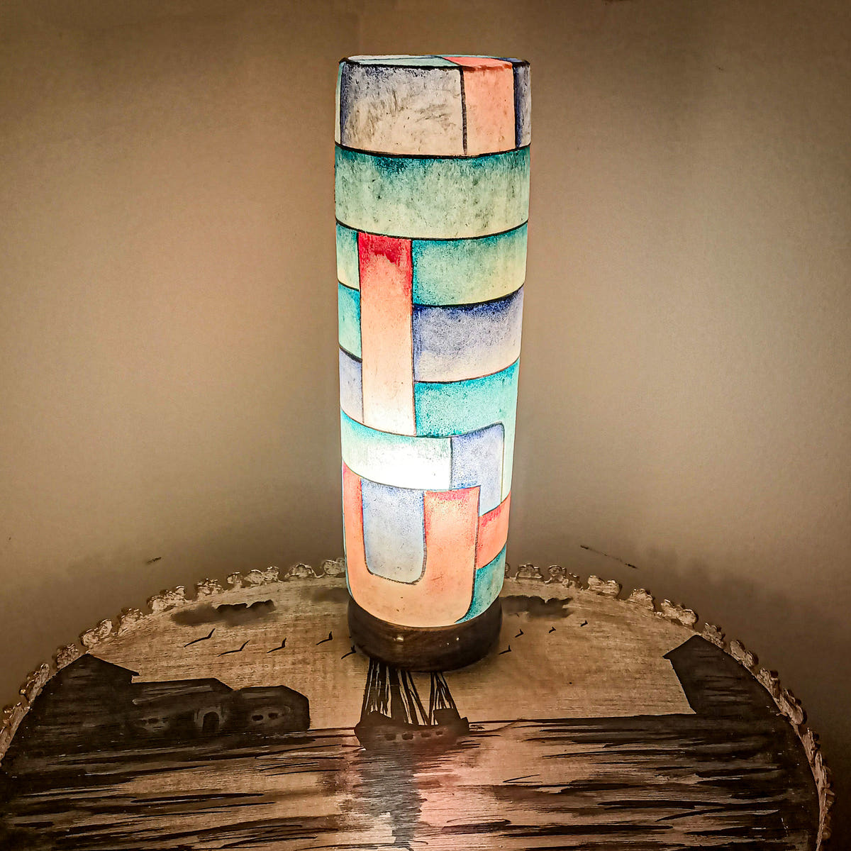 Glass Shape Camel Skin Table Lamp, Vibrant Naqashi, detail shot