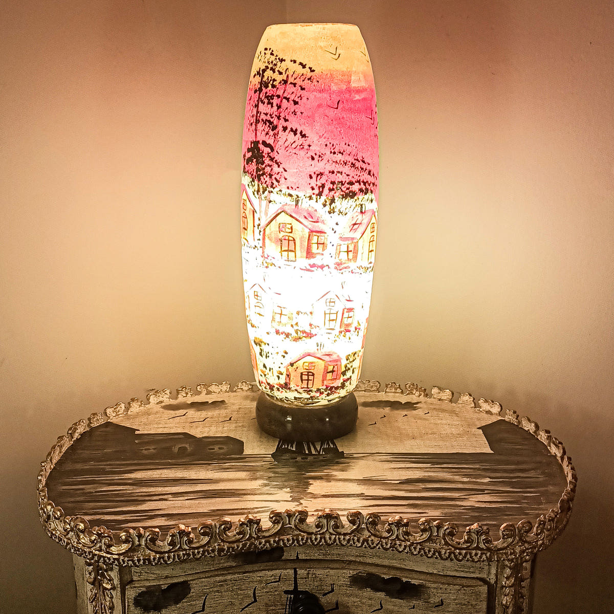 Geometric Pattern Bottle Shape Table Lamp, Camel Skin, lit view