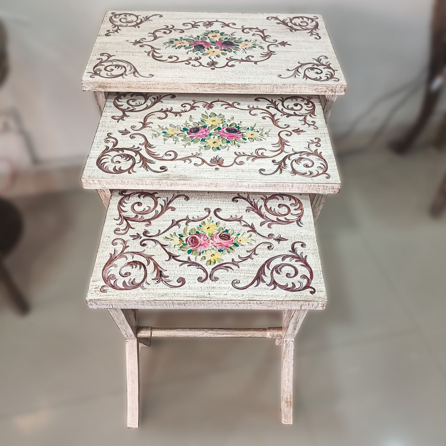 Chalk Finish Nesting Tables with hand painted work