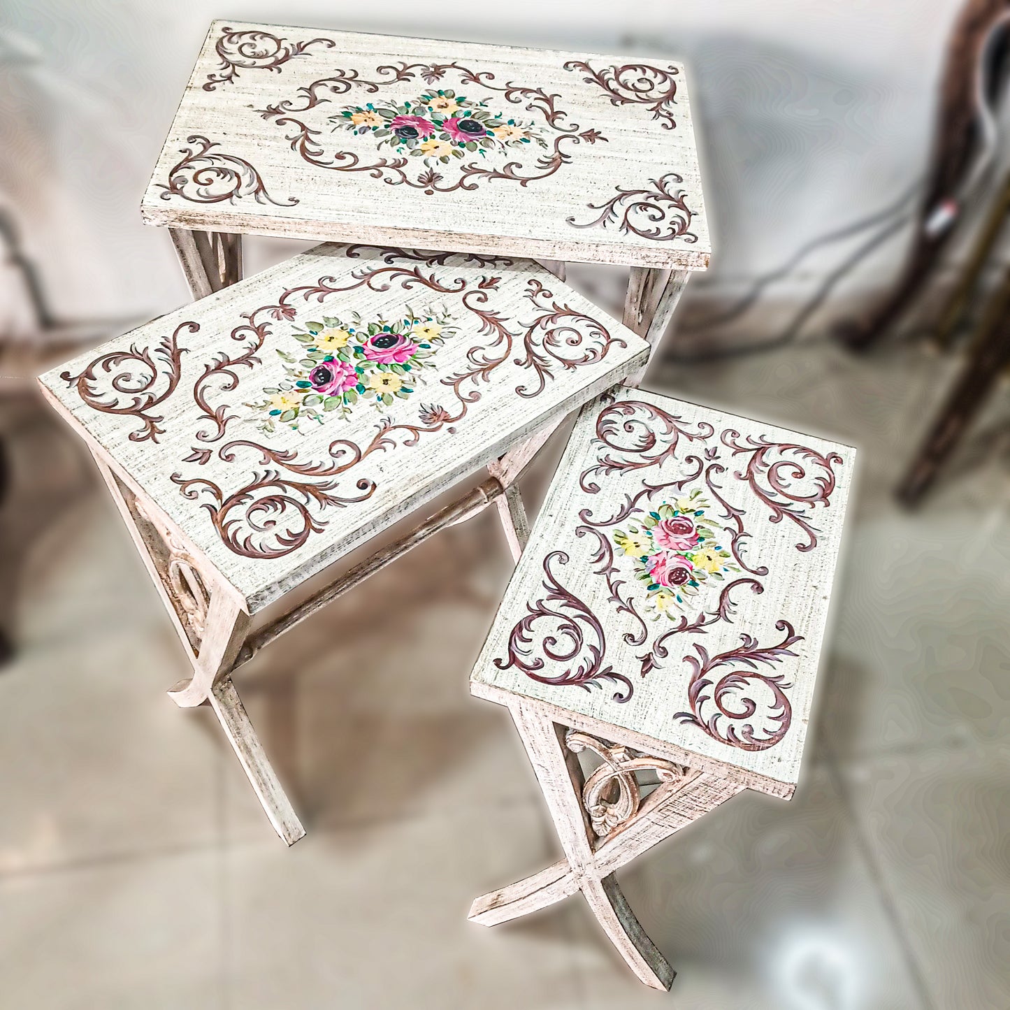 Chalk Finish Nesting Tables with hand painted work