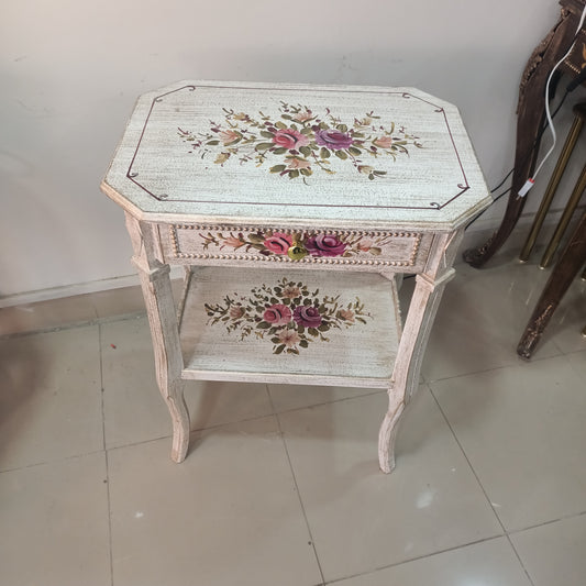 Corner / Side Table with Floral Art with Drawer and Chalk Finish