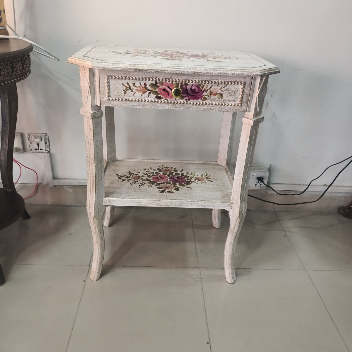 Corner Side Table with Floral Art and Drawer, Style 3, drawer detail