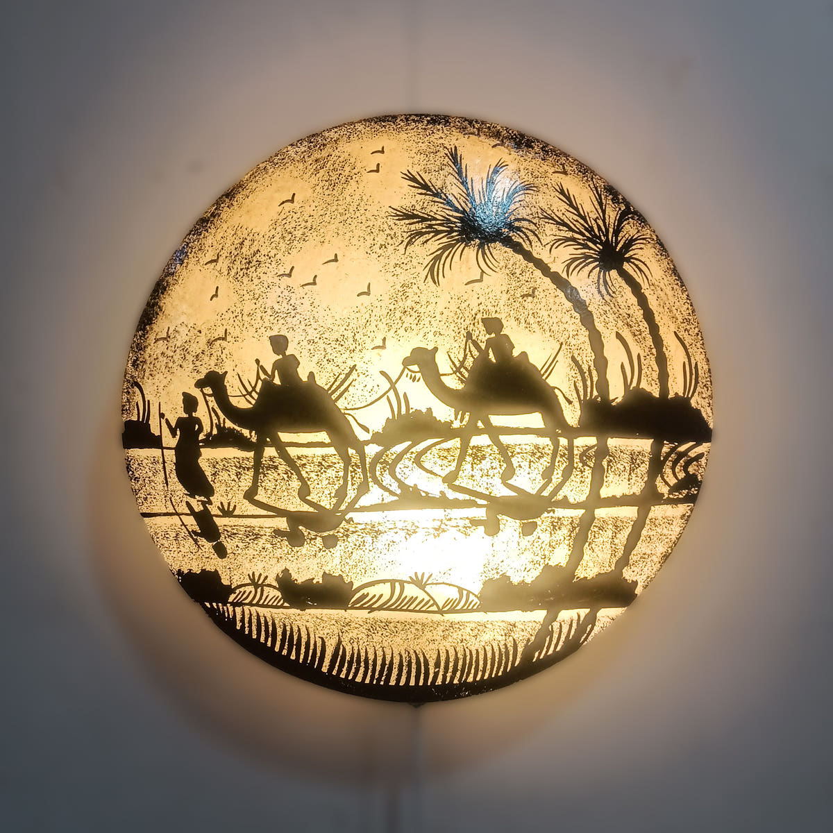 Birds and Flowers Wall Lamp, Camel Skin, lit view
