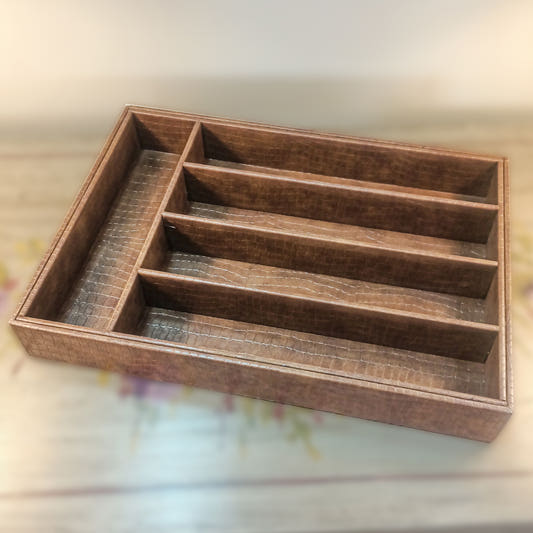 Cutlery and Drawer Organizer, Leatherite, Brown, front view