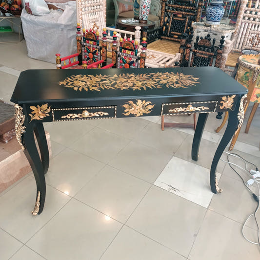 Hand Painted Console Table, 4 Feet, Black with Metal Art, front view