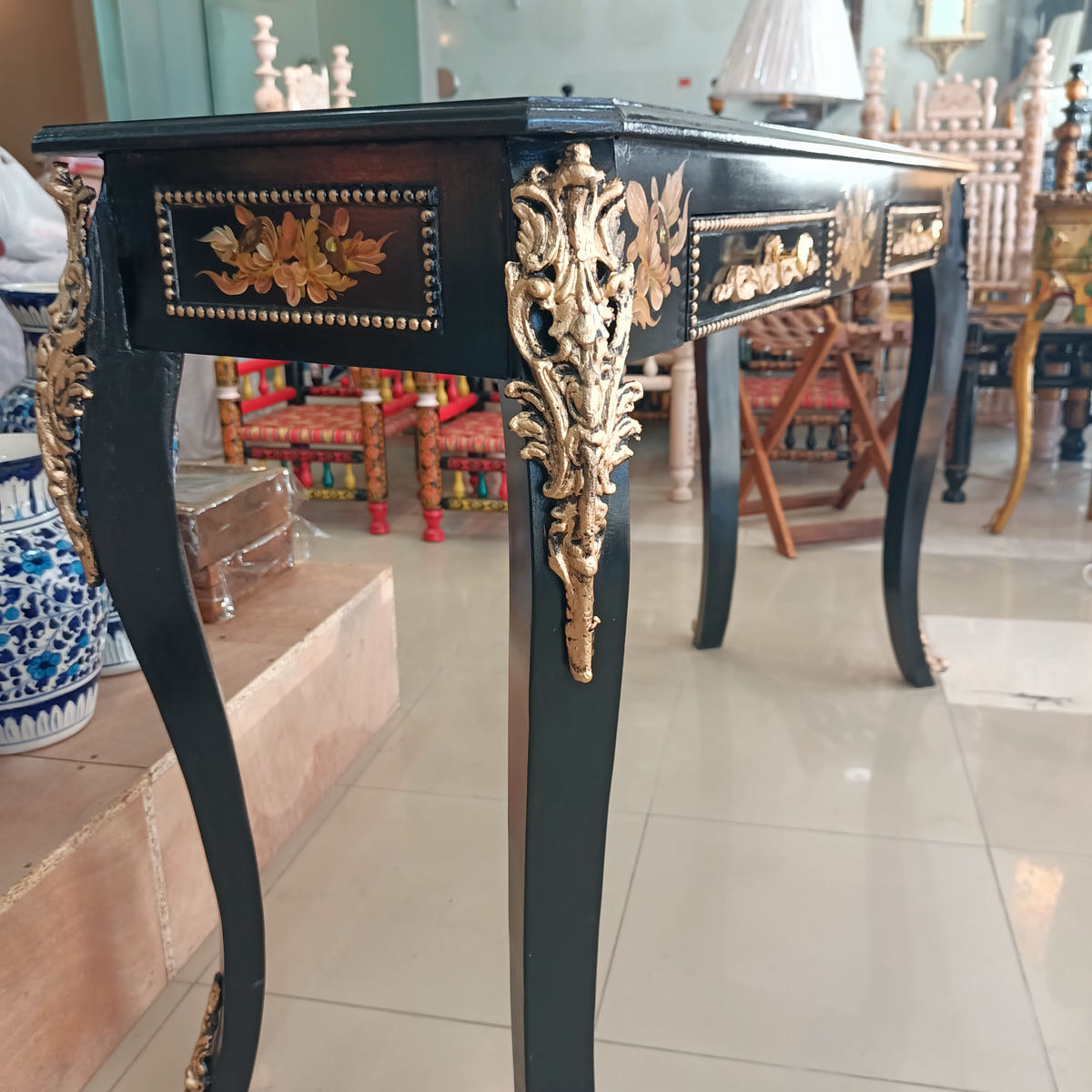 Hand Painted Console Table, 4 Feet, Black with Metal Art, metal art detail