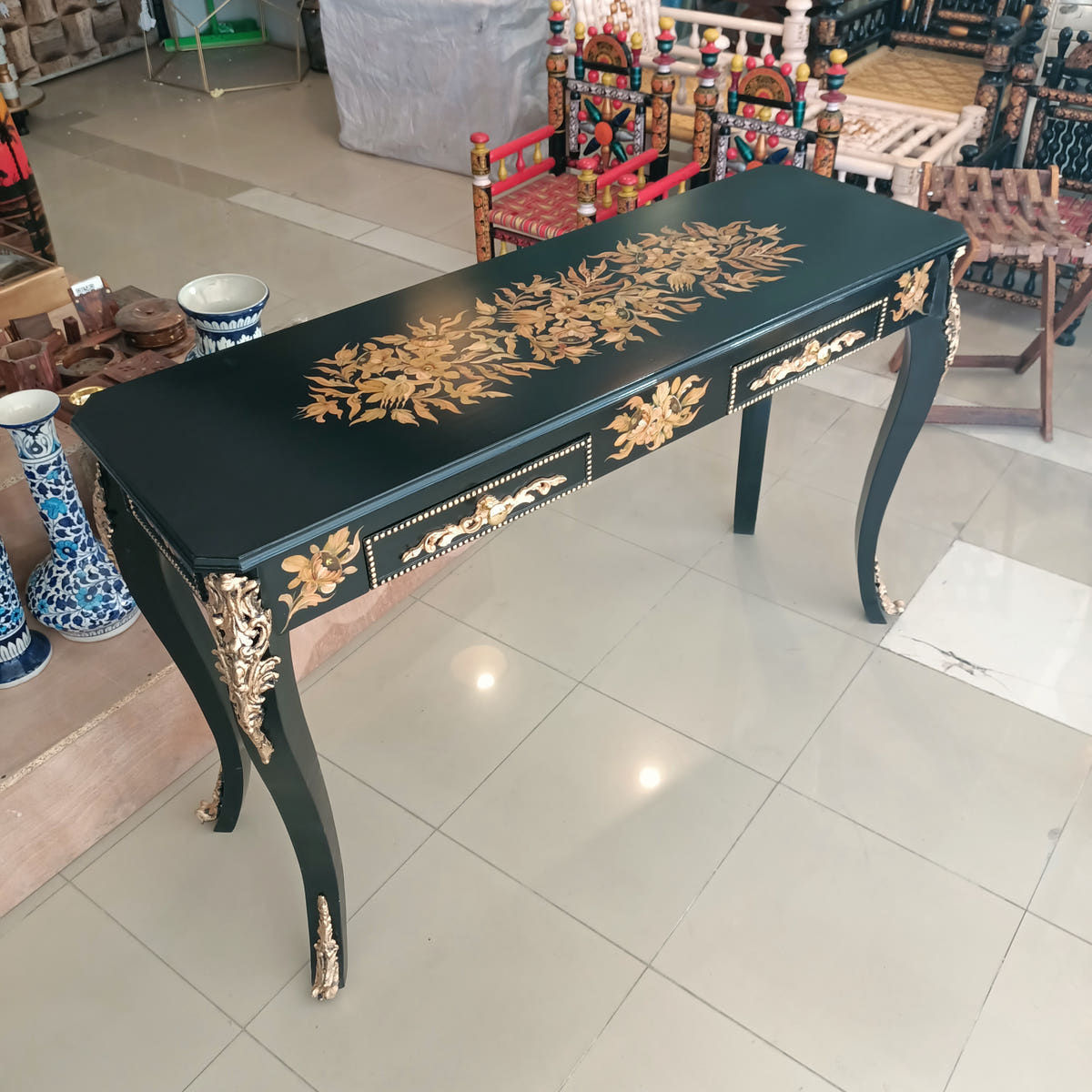 Hand Painted Console Table, 4 Feet, Black with Metal Art, side view