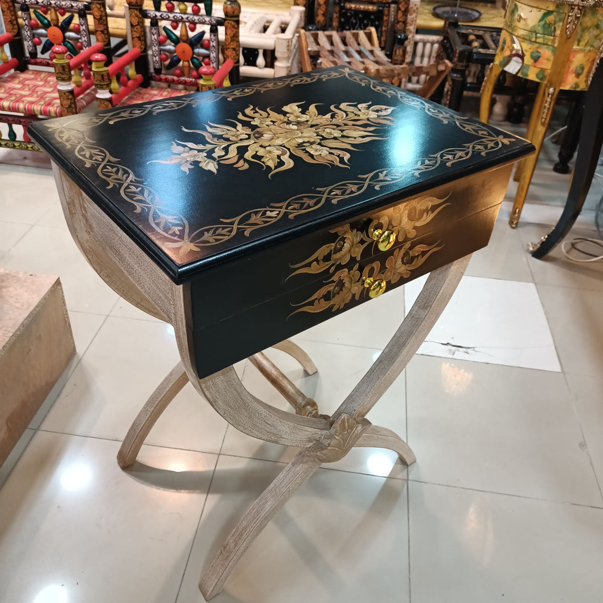 X-Factor Side Table with 2 Drawers, Hand Painted, front view