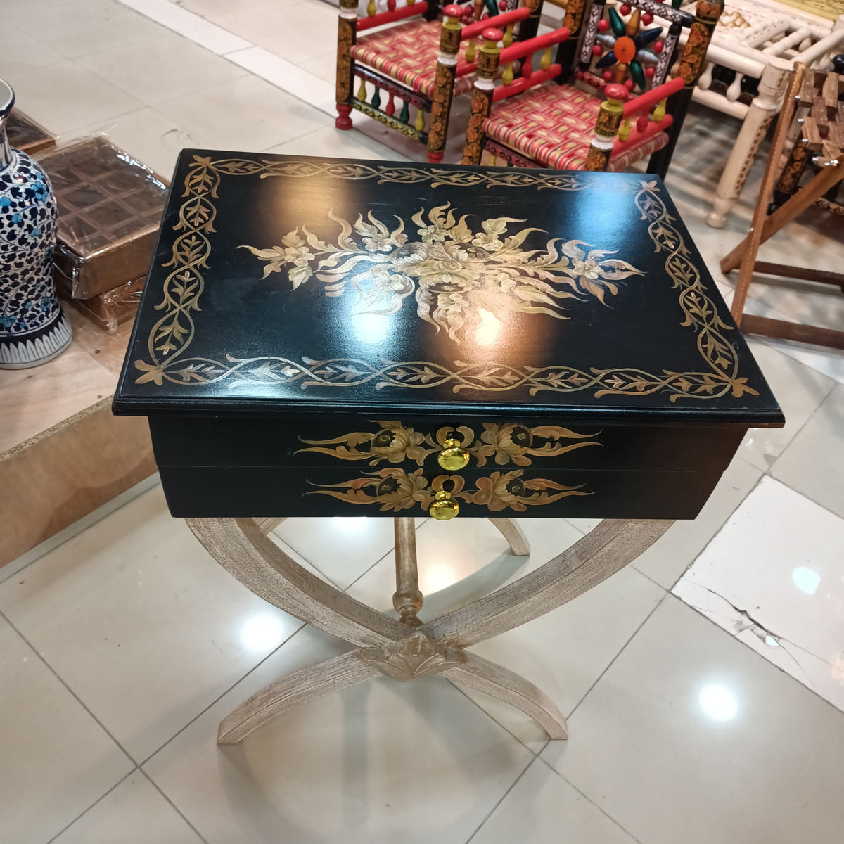 X-Factor Side Table with 2 Drawers, Hand Painted, top view