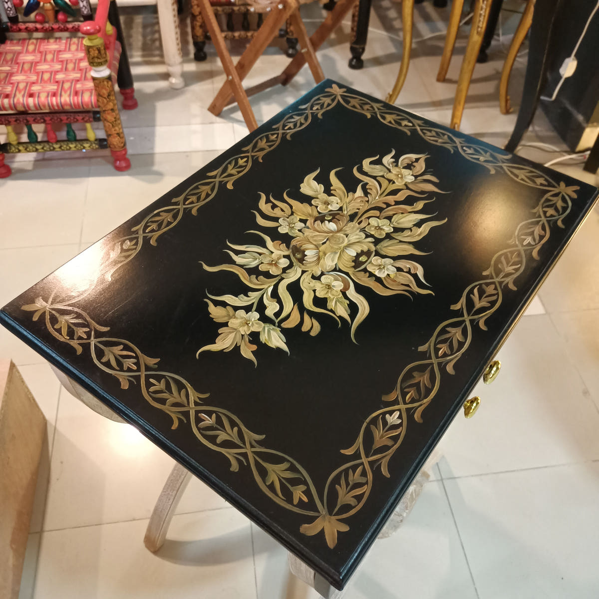 X-Factor Side Table with 2 Drawers, Hand Painted, drawer detail