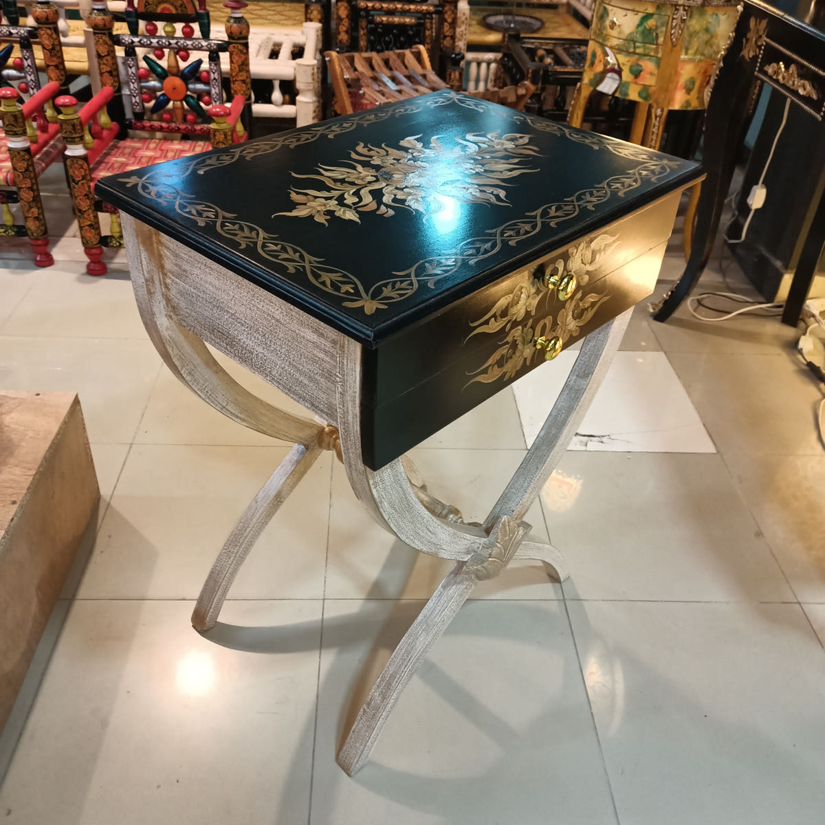 X-Factor Side Table with 2 Drawers, Hand Painted, side view