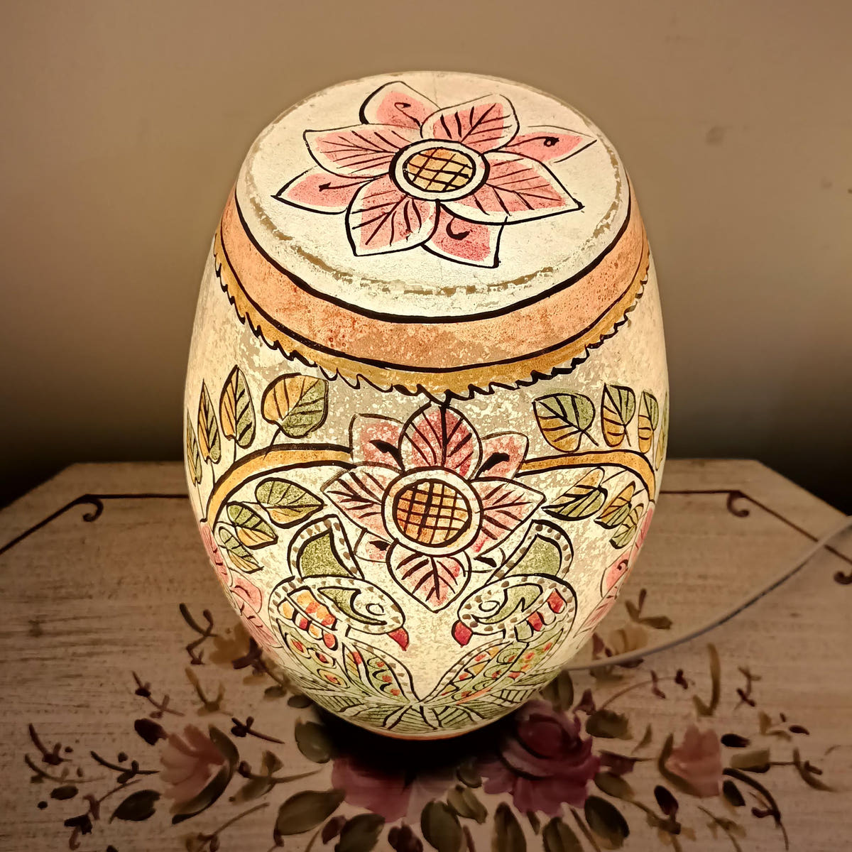Floral Art with Parrots Camel Skin Table Lamp, side view