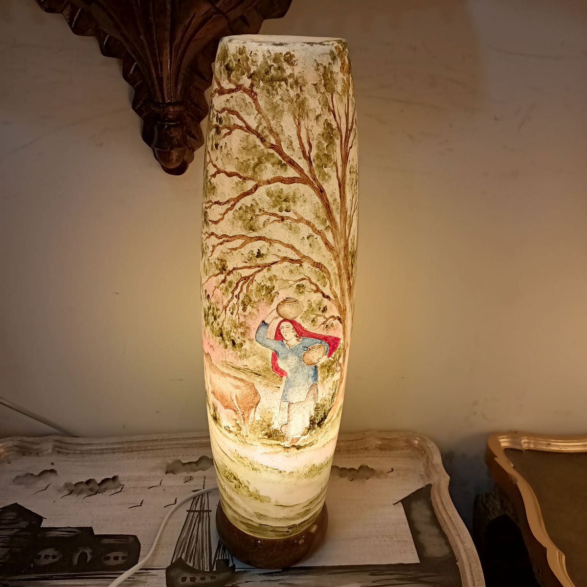 Multani Naqashi Bottle Shape Table Lamp, Camel Skin, lit view