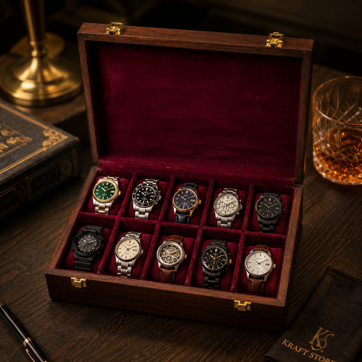 Premium Watch Box for 10 Watches | Wood Top | Dark Brown