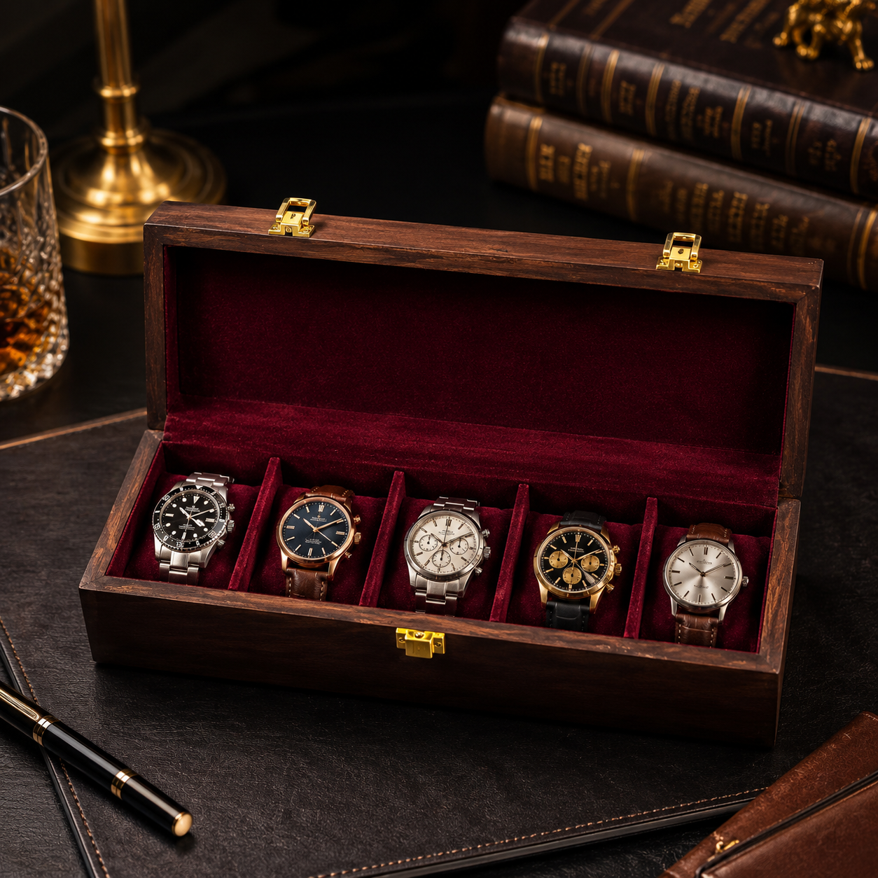 Premium Watch Box for 5 Watches | Wood Top|Dark Brown