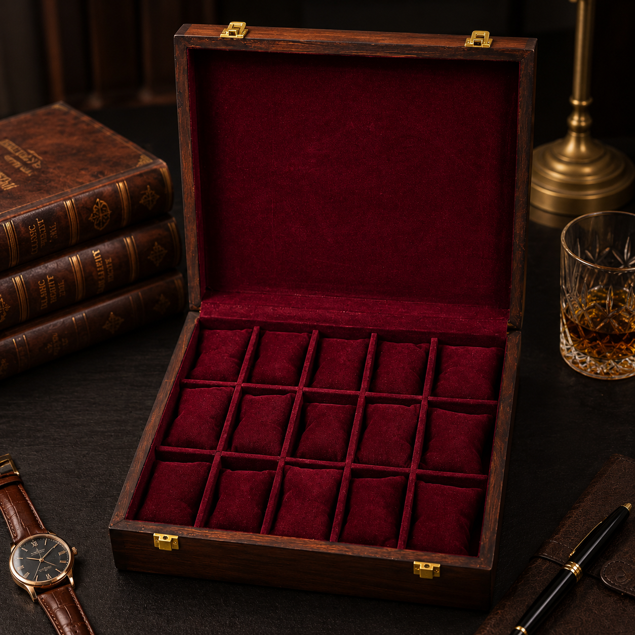 Premium Watch Box for 15 Watches | Wood Top |Dark Brown