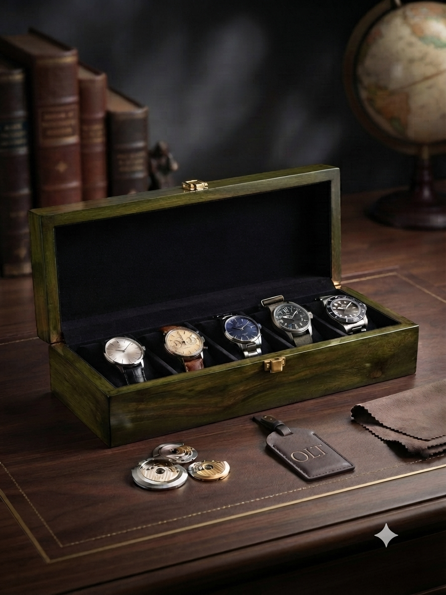 Premium Watch Box for 5 Watches | Wood Top | Greenish Wood