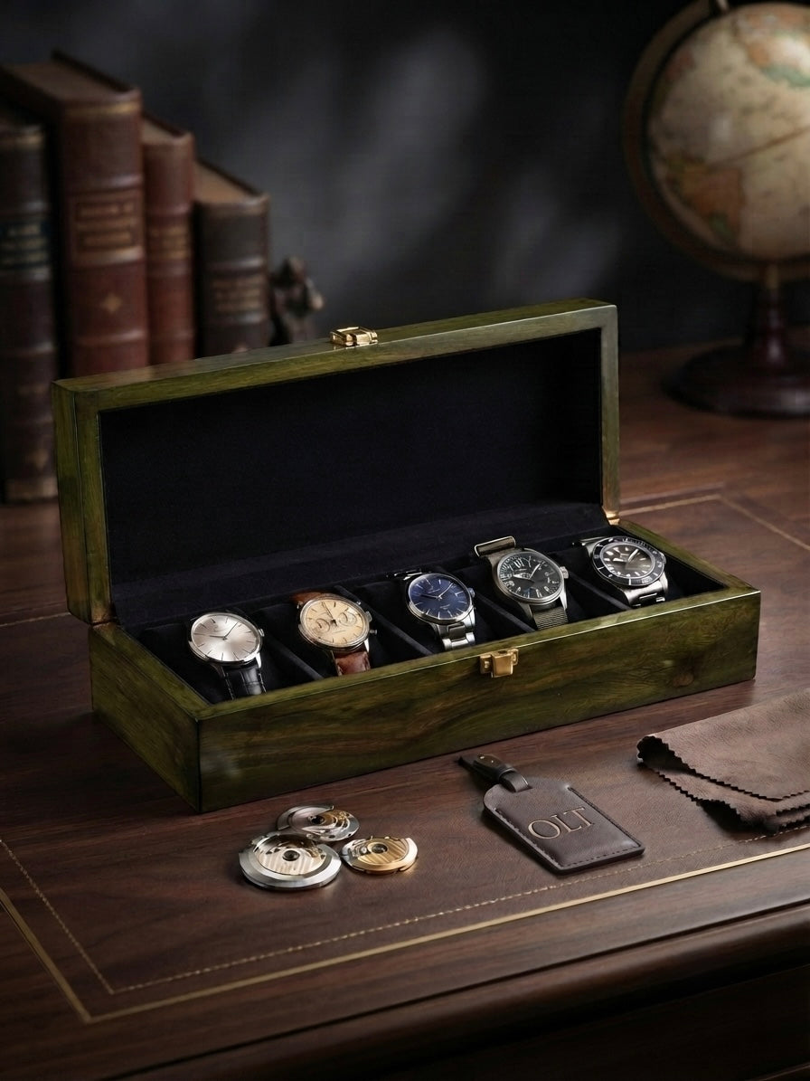 Premium Watch Box for 5 Watches | Wood Top | Greenish Wood