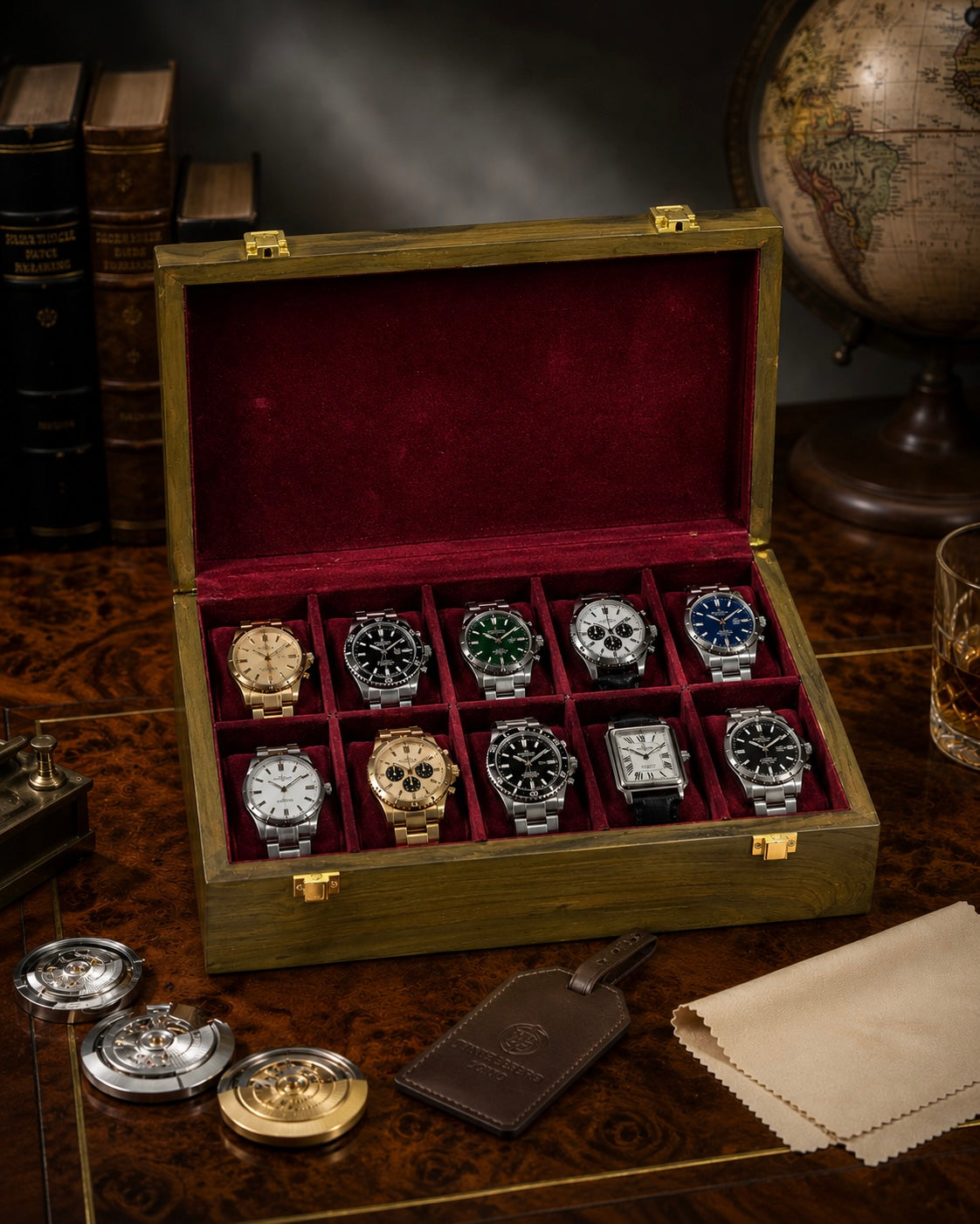 Premium Watch Box for 10 Watches | Wood Top | Greenish Wood