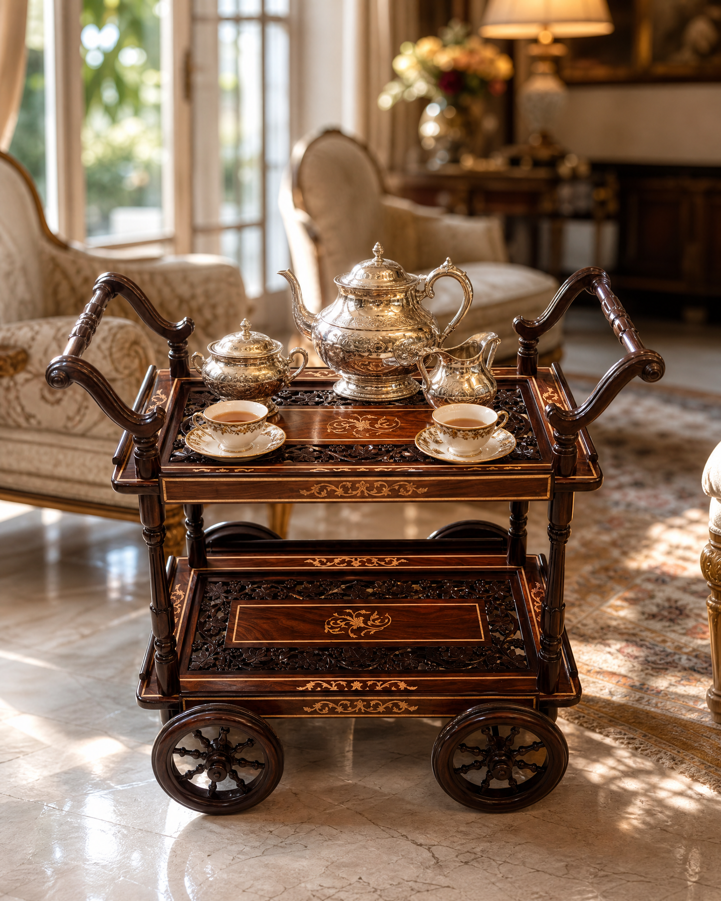 Chinioti Tea Trolley with White Wood Enlay