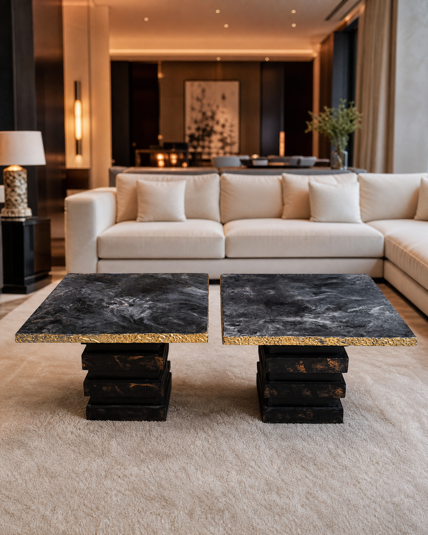 Marble Top Black & Gold Table (Pair)