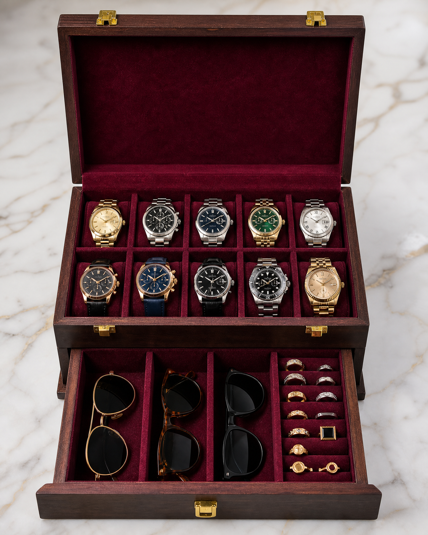 Premium Multi-Functional Organizer with Drawer for Watches, Sunglasses, Cufflinks, Rings & Earrings