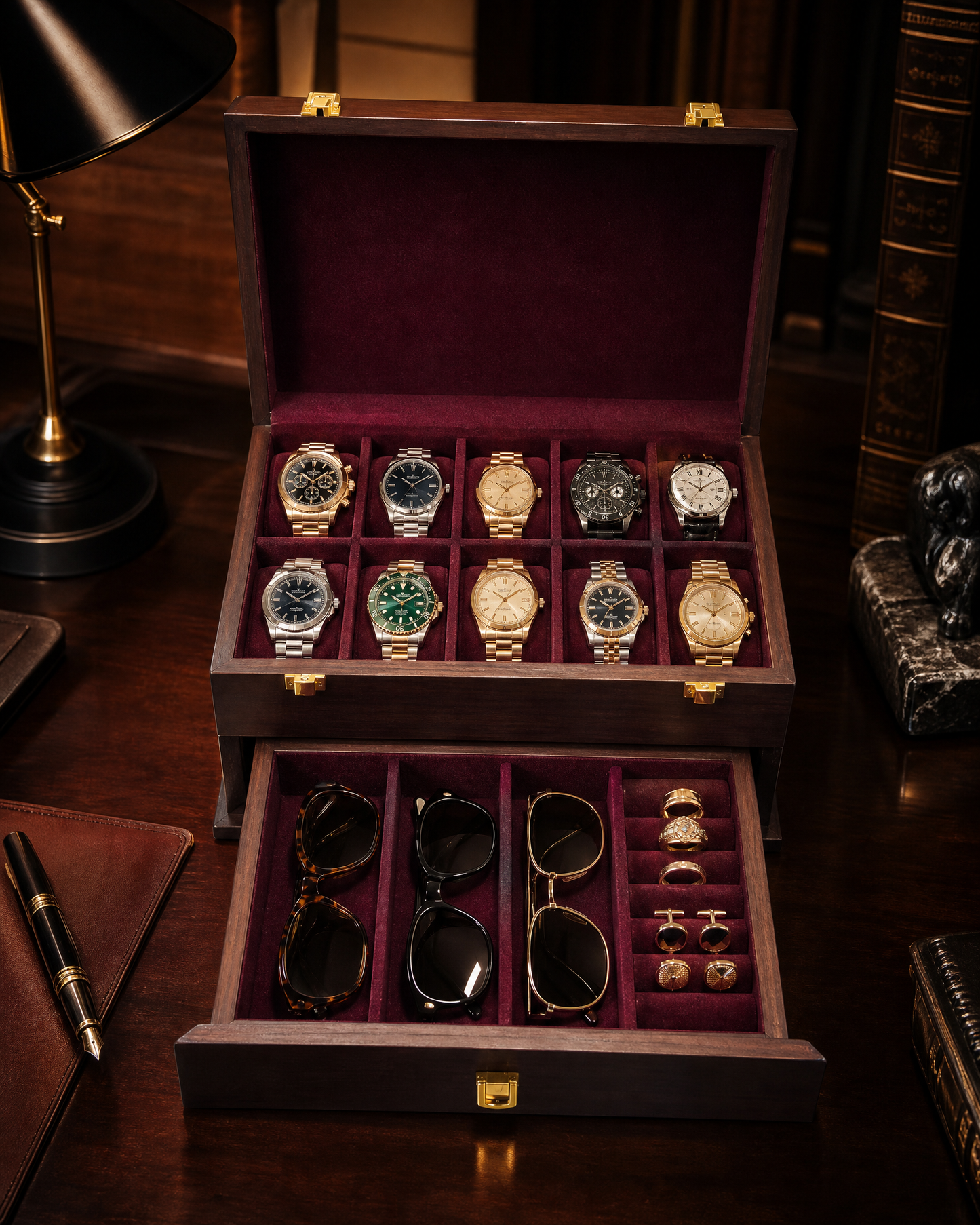 Premium Multi-Functional Organizer with Drawer for Watches, Sunglasses, Cufflinks, Rings & Earrings