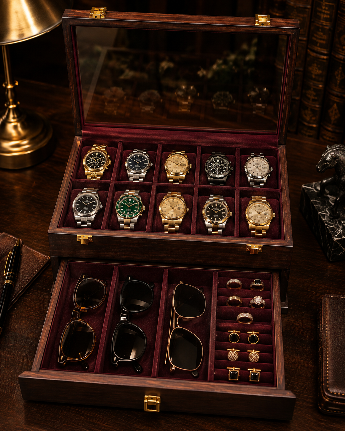 Premium Multi-Functional Organizer with Drawer for Watches, Sunglasses, Cufflinks, Rings &amp; Earrings