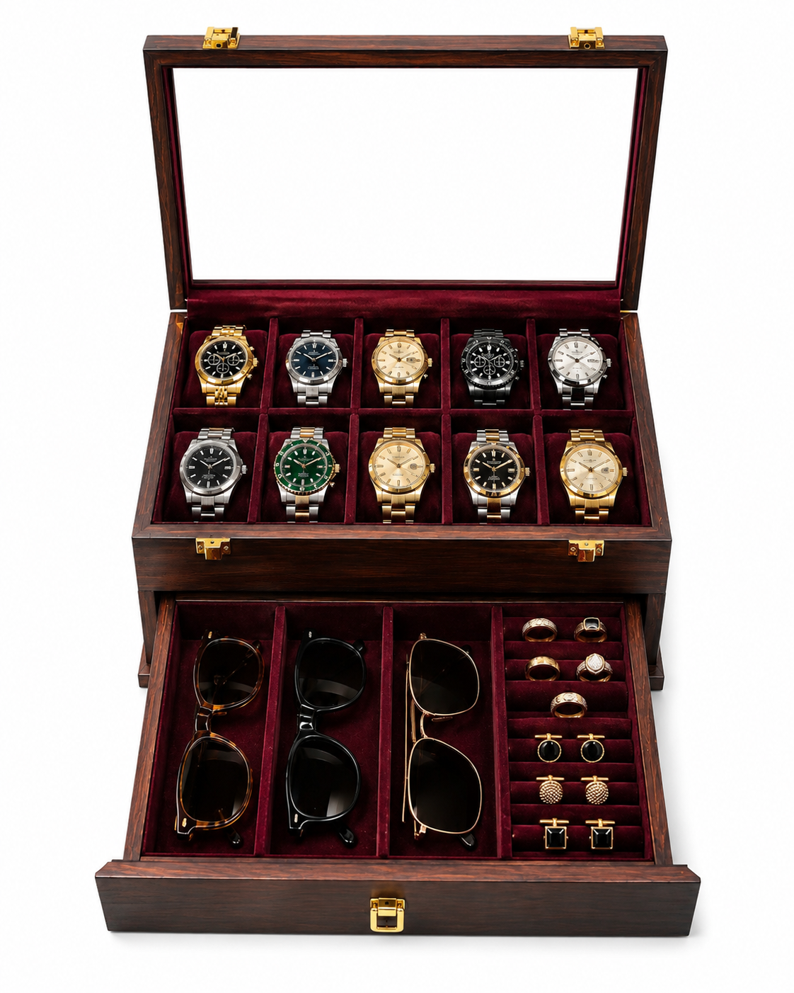 Premium Multi-Functional Organizer with Drawer for Watches, Sunglasses, Cufflinks, Rings &amp; Earrings