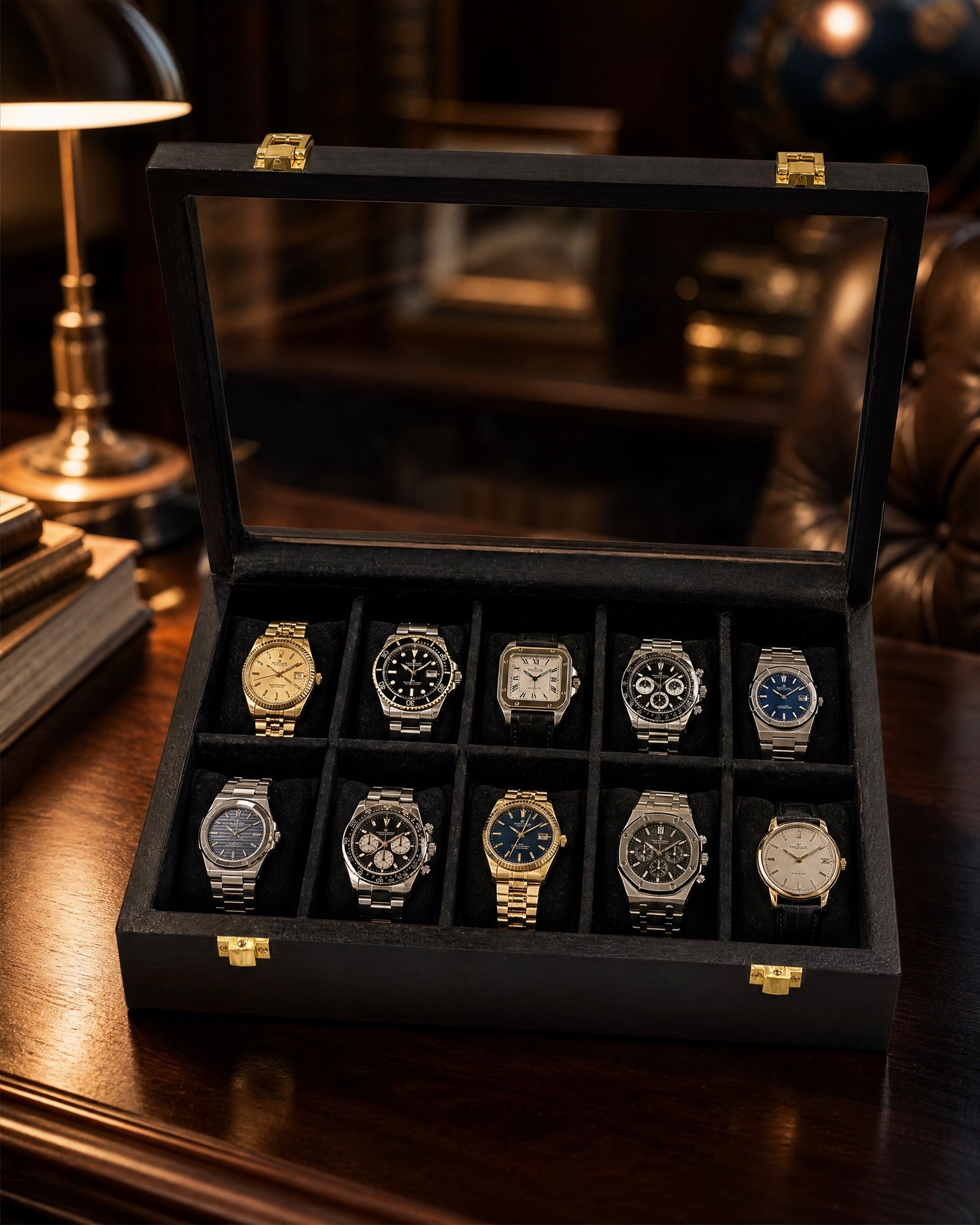 Premium Watch Box for 10 Watches | Glass Top | Black