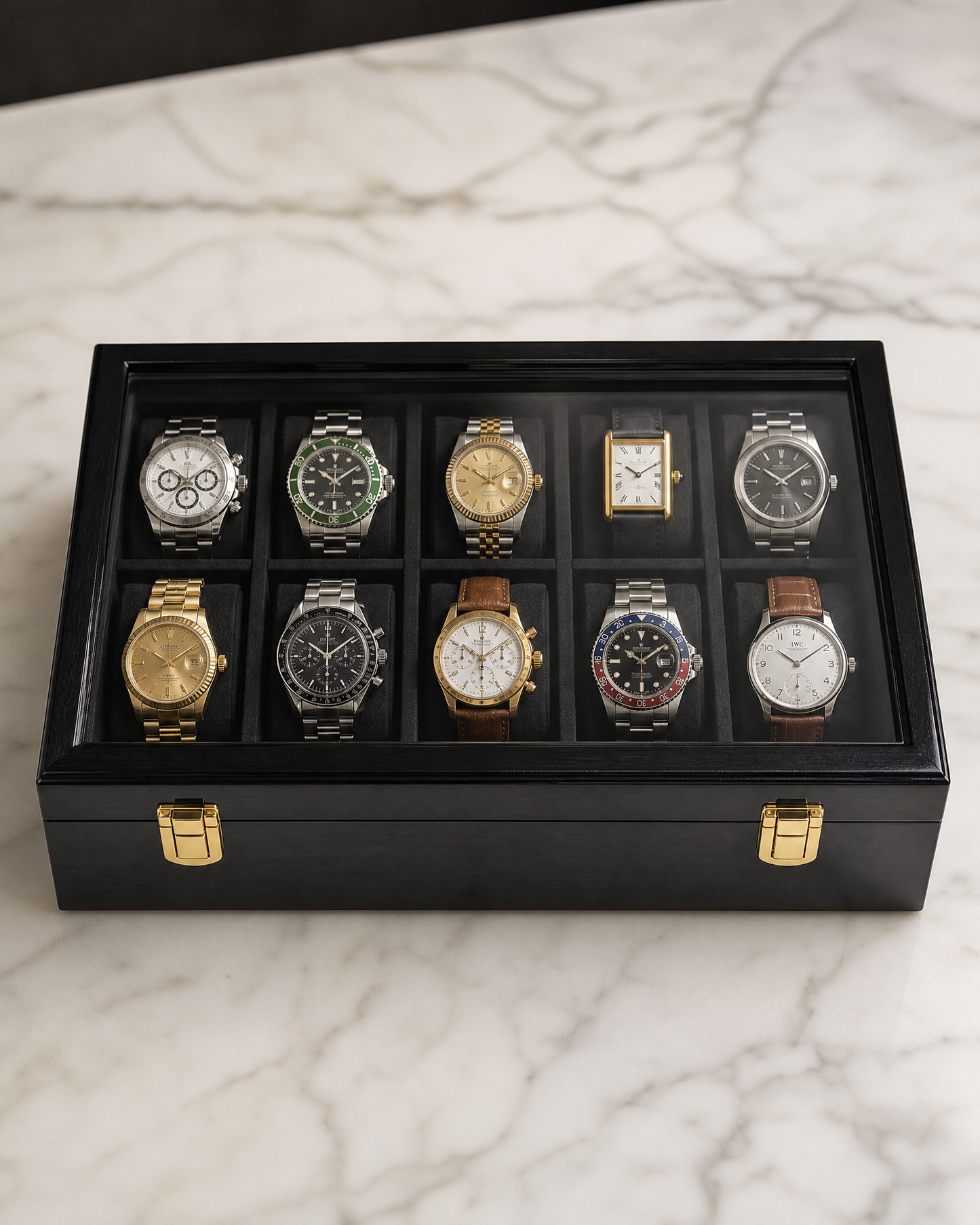Premium Watch Box for 10 Watches | Glass Top | Black