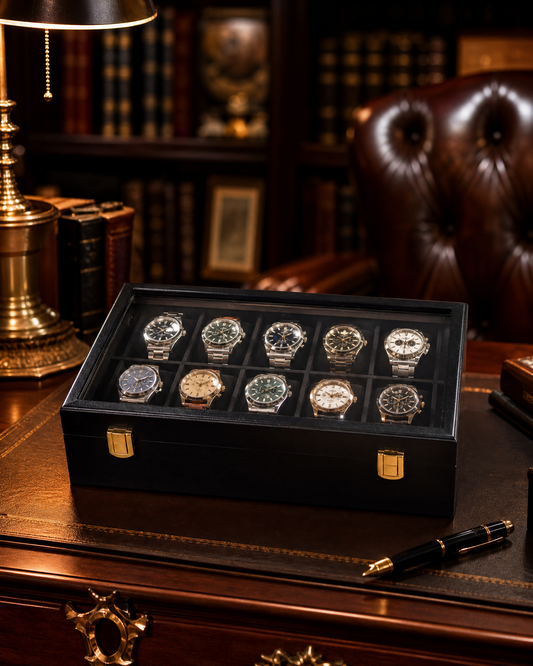 Premium Watch Box for 10 Watches | Glass Top | Black