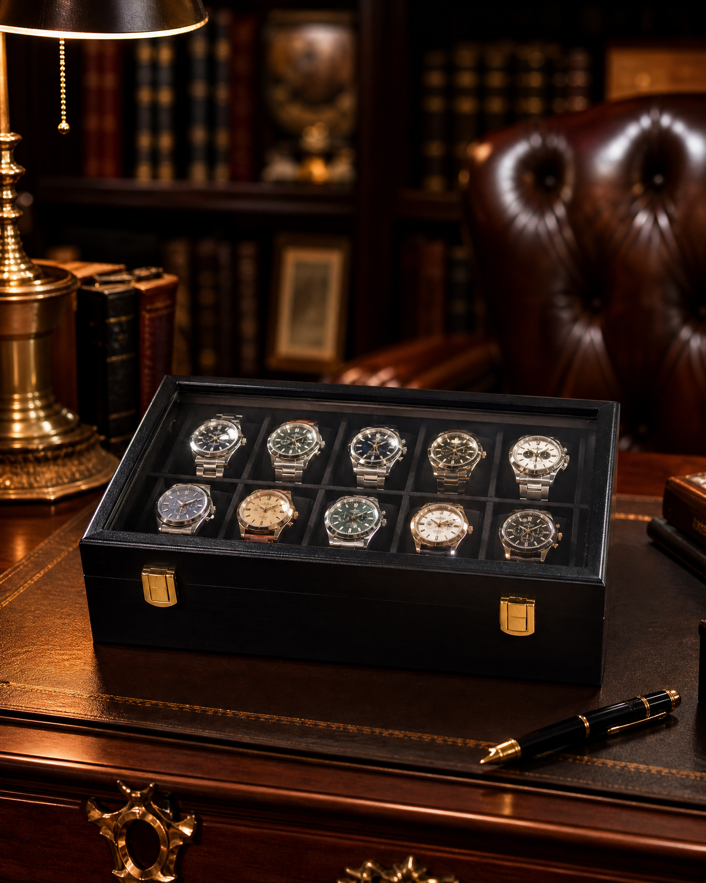 Premium Watch Box for 10 Watches | Glass Top | Black