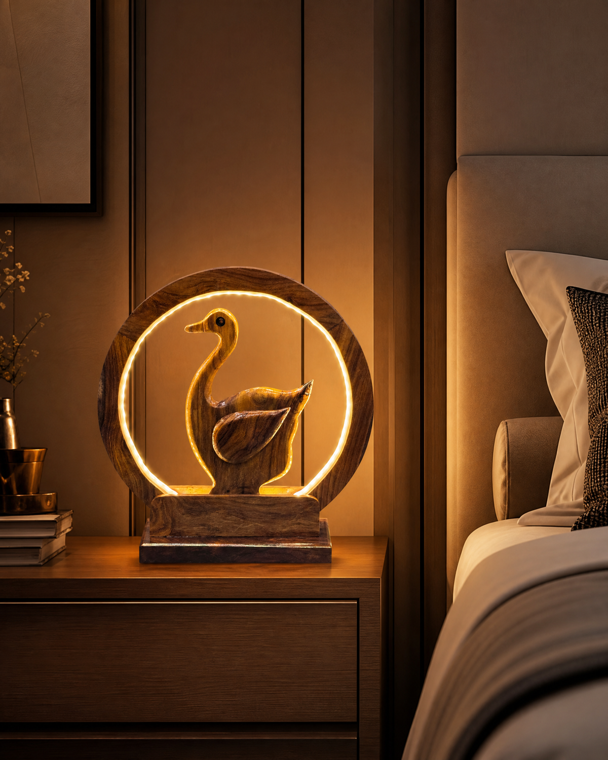 Swan Side Table Wooden Lamp
