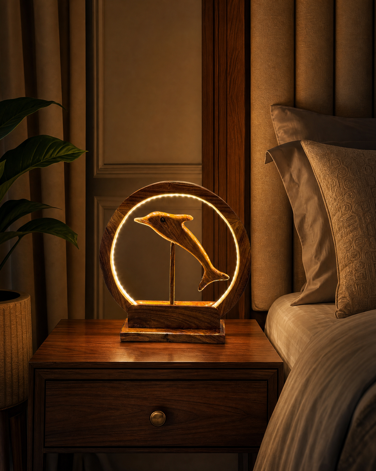 Dolphin Side Table Wooden Lamp