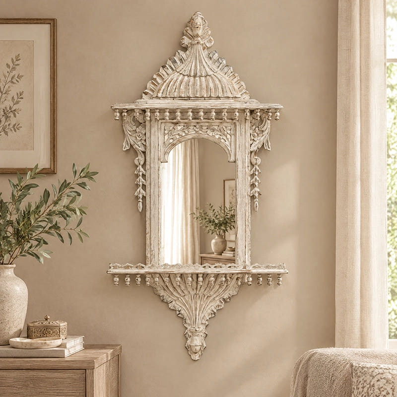 Chinioti Jharoka with Mirror | White Chalk | Medium
