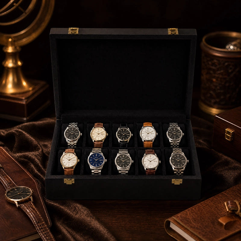 Premium Watch Box for 10 Watches | Wood Top | Black