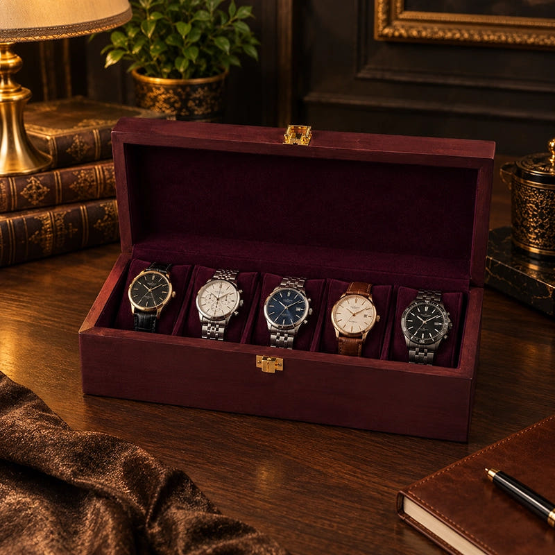 Premium Watch Box for 5 Watches | Wood Top | Red Vine