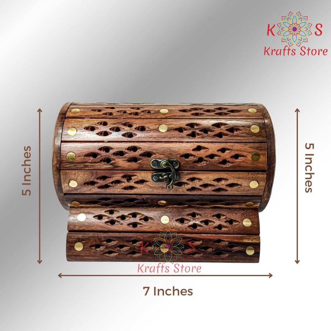 Dholki Jewelry Box with Jali Brass Inlay, Sheesham Wood, front view
