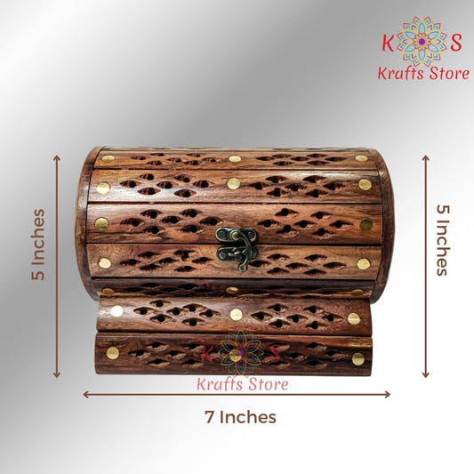 Dholki Jewelry Box with Jali Brass Inlay, Sheesham Wood, front view