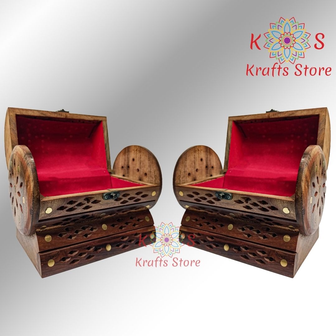 Dholki Jewelry Box with Jali Brass Inlay, open view