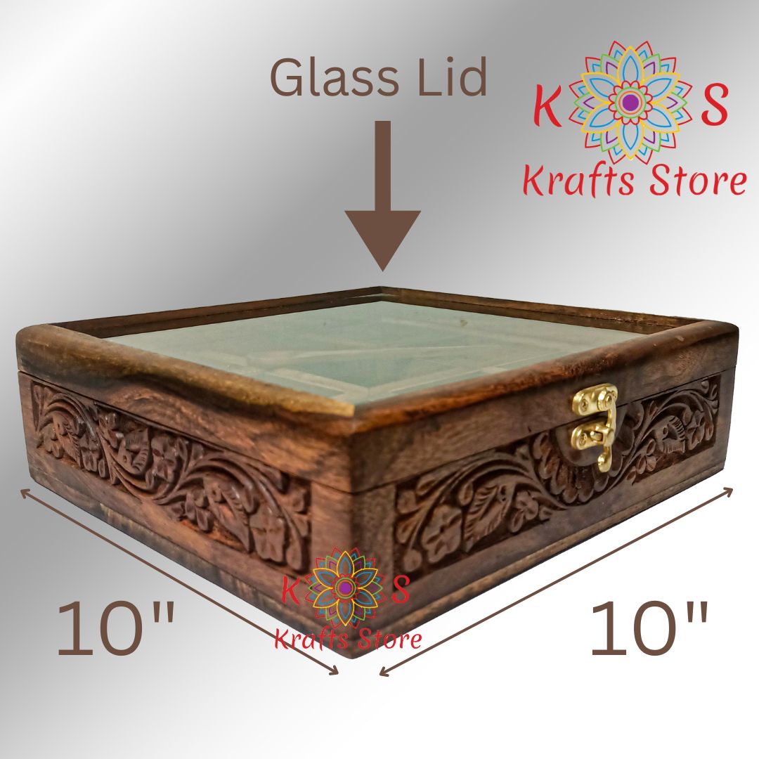 Masala Box with Carving Work, 9 Movable Compartments, front view