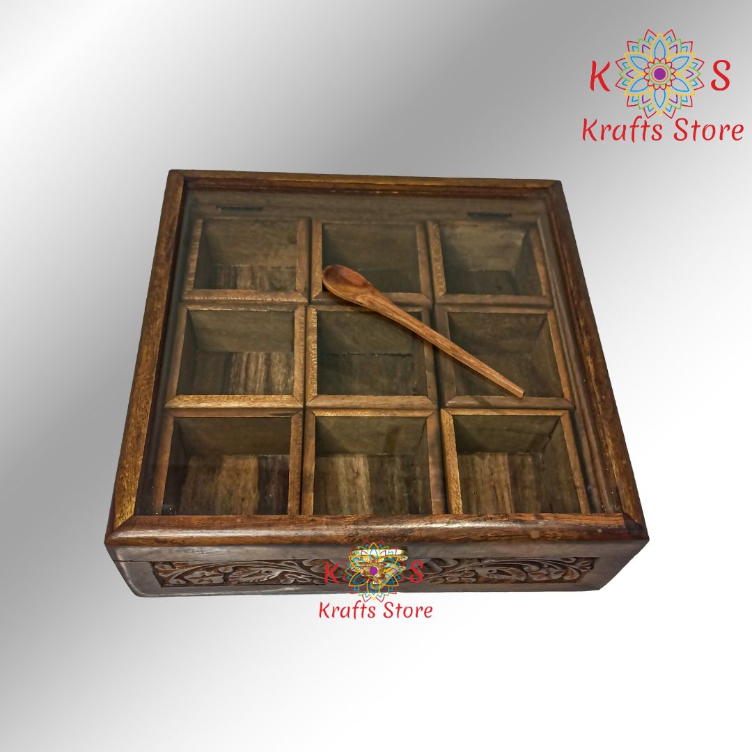 Masala Box with Carving Work, 9 Movable Compartments, carving detail