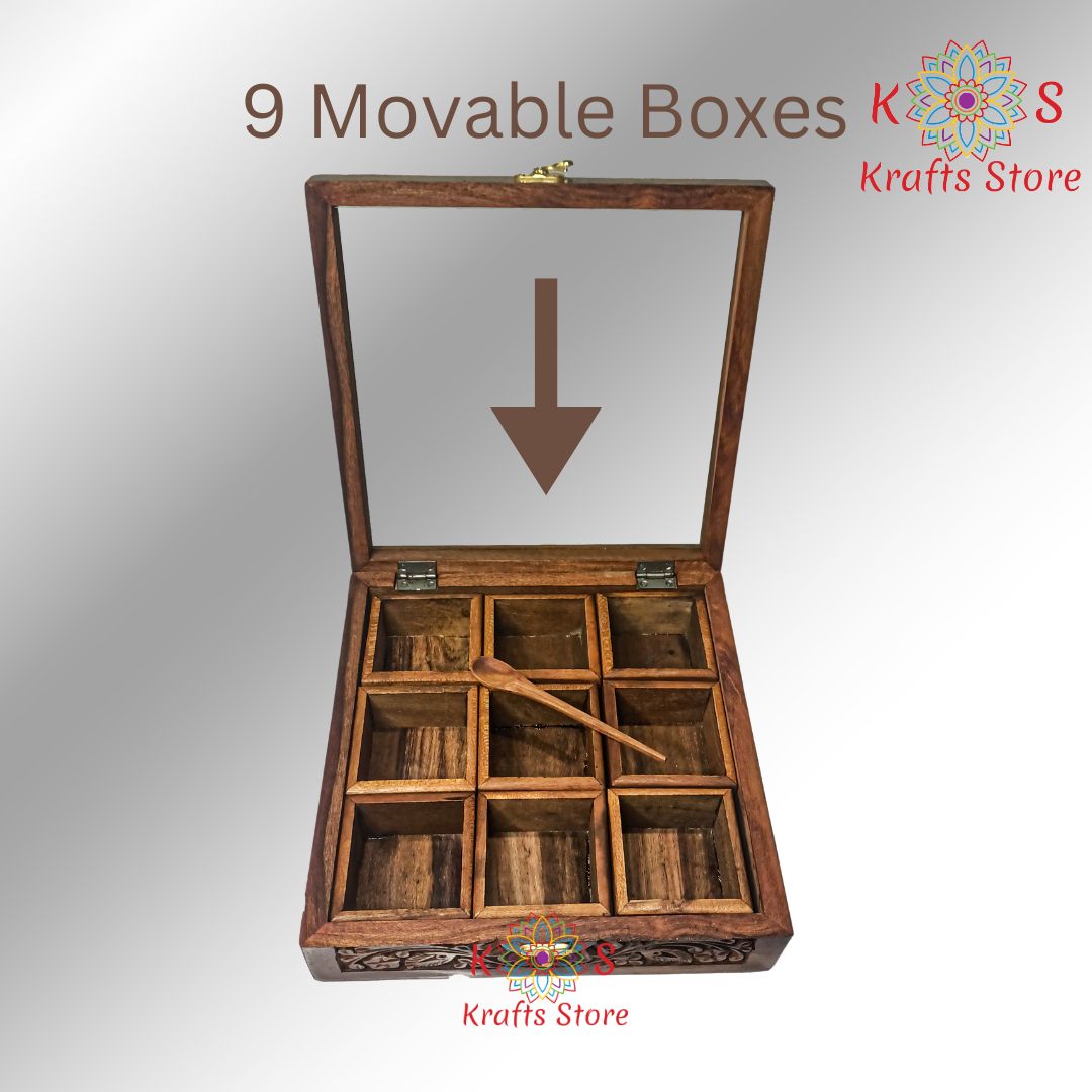 Masala Box with Carving Work, 9 Movable Compartments, closed view